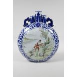 A Chinese blue and white porcelain triple stem moon flask with polychrome panels depicting a
