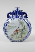 A Chinese blue and white porcelain triple stem moon flask with polychrome panels depicting a