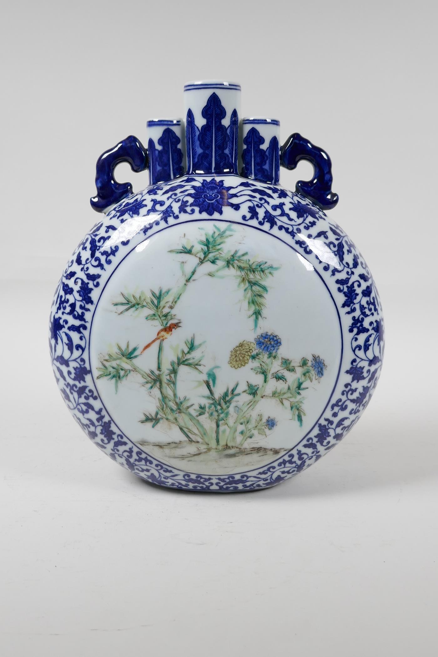 A Chinese blue and white porcelain triple stem moon flask with polychrome panels depicting a - Image 4 of 7