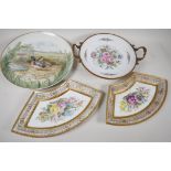 A continental porcelain and ormolu tazza painted with flowers, 9½" diameter, together with a pair of