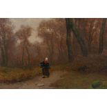 Figure on a country path, bears label verso 'A Surrey lane, Tom Robertson', oil on canvas board,