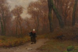 Figure on a country path, bears label verso 'A Surrey lane, Tom Robertson', oil on canvas board,