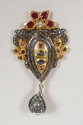 A silver gilt pendant set with uncut diamonds, rubies and sapphire, en suite to previous lot, 2"