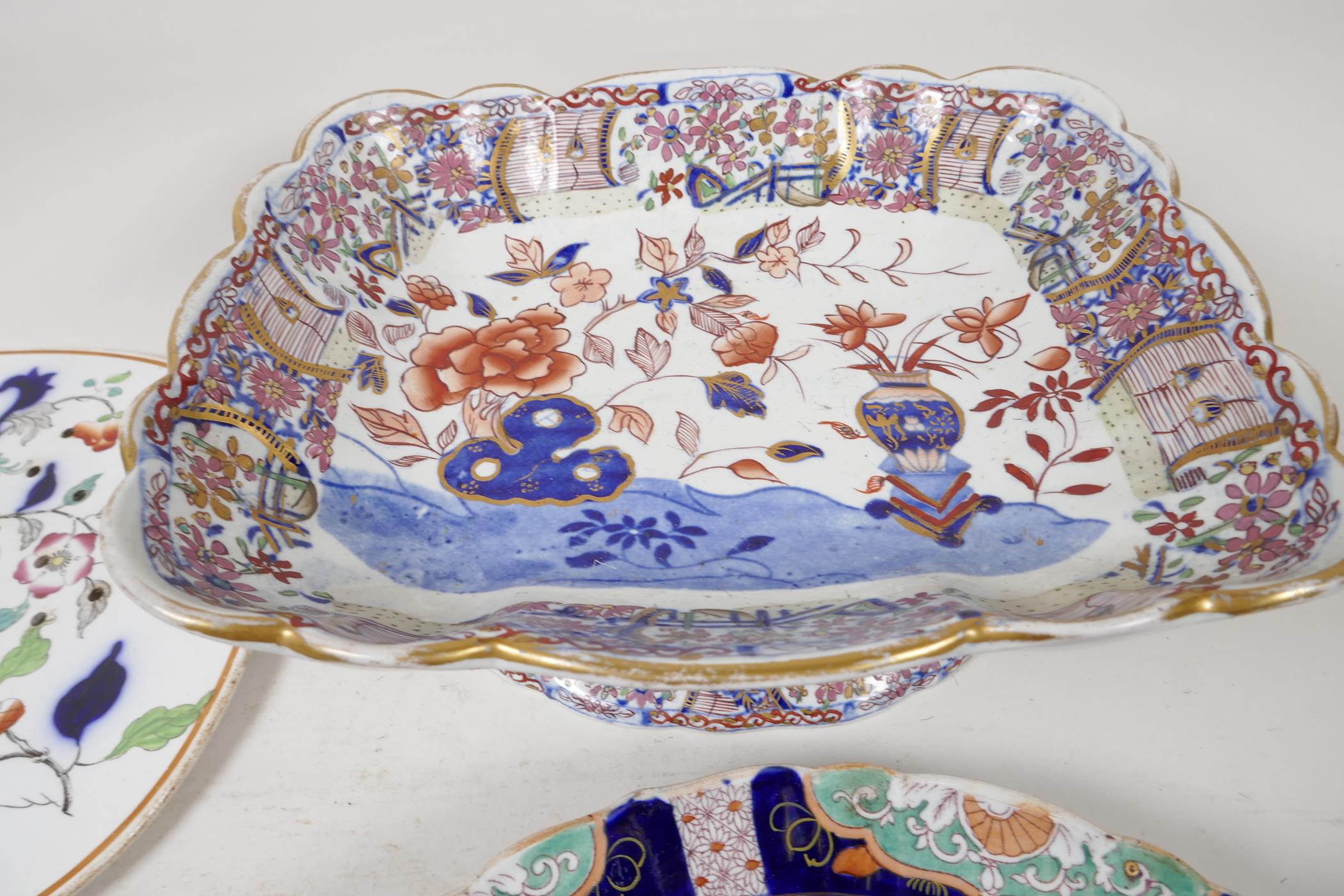 A C19th ironstone tazza, and an ironstone strainer plate, and two Masons 10" plates, 1 A/F - Image 2 of 5