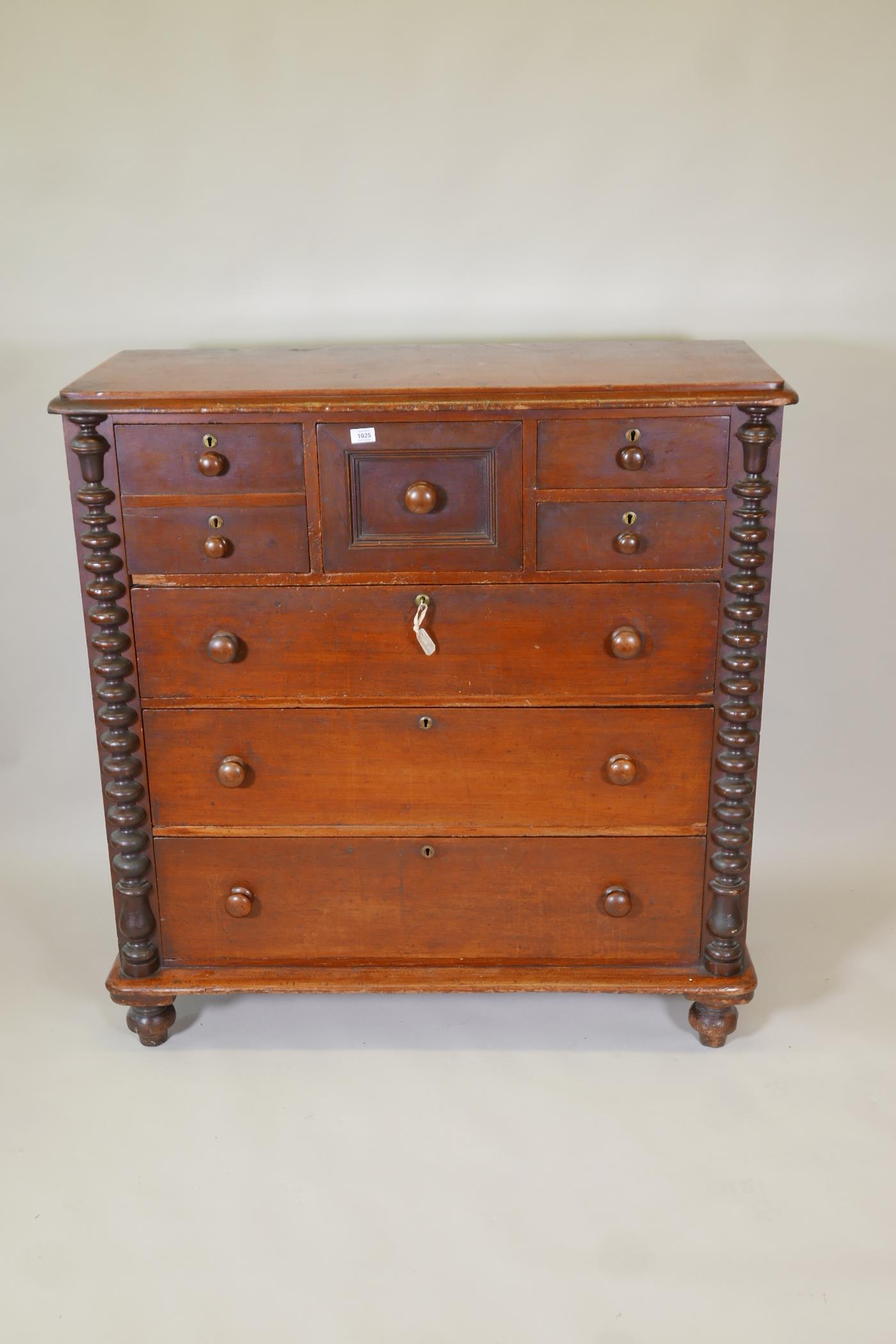 A C19th mahogany Scotch chest of drawers with bobbin turned side columns and four small top - Image 2 of 4