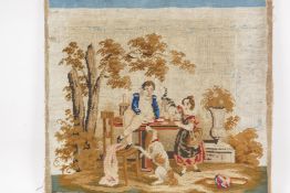 A C19th woolwork, children at a table with dog and cat, 15" square