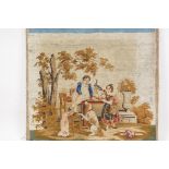A C19th woolwork, children at a table with dog and cat, 15" square