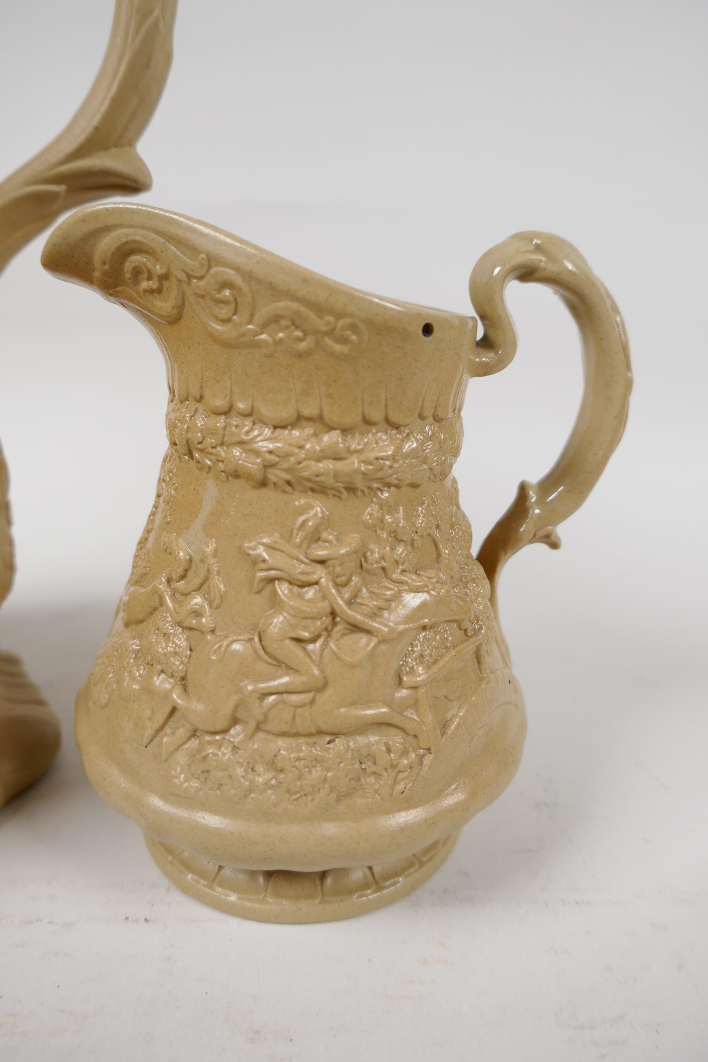 A C19th stoneware jug moulded with figures and fruiting vines, with sandstone matt glaze and - Image 3 of 6