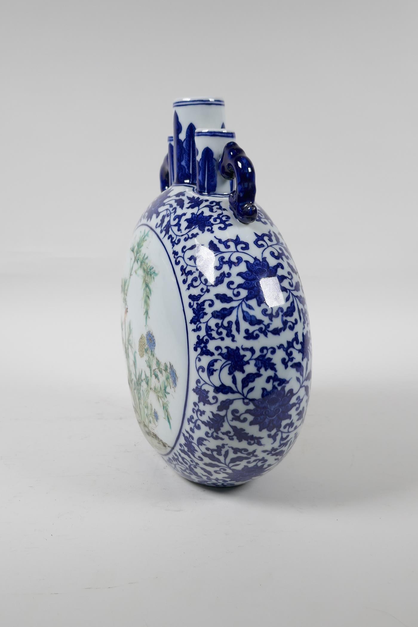 A Chinese blue and white porcelain triple stem moon flask with polychrome panels depicting a - Image 2 of 7