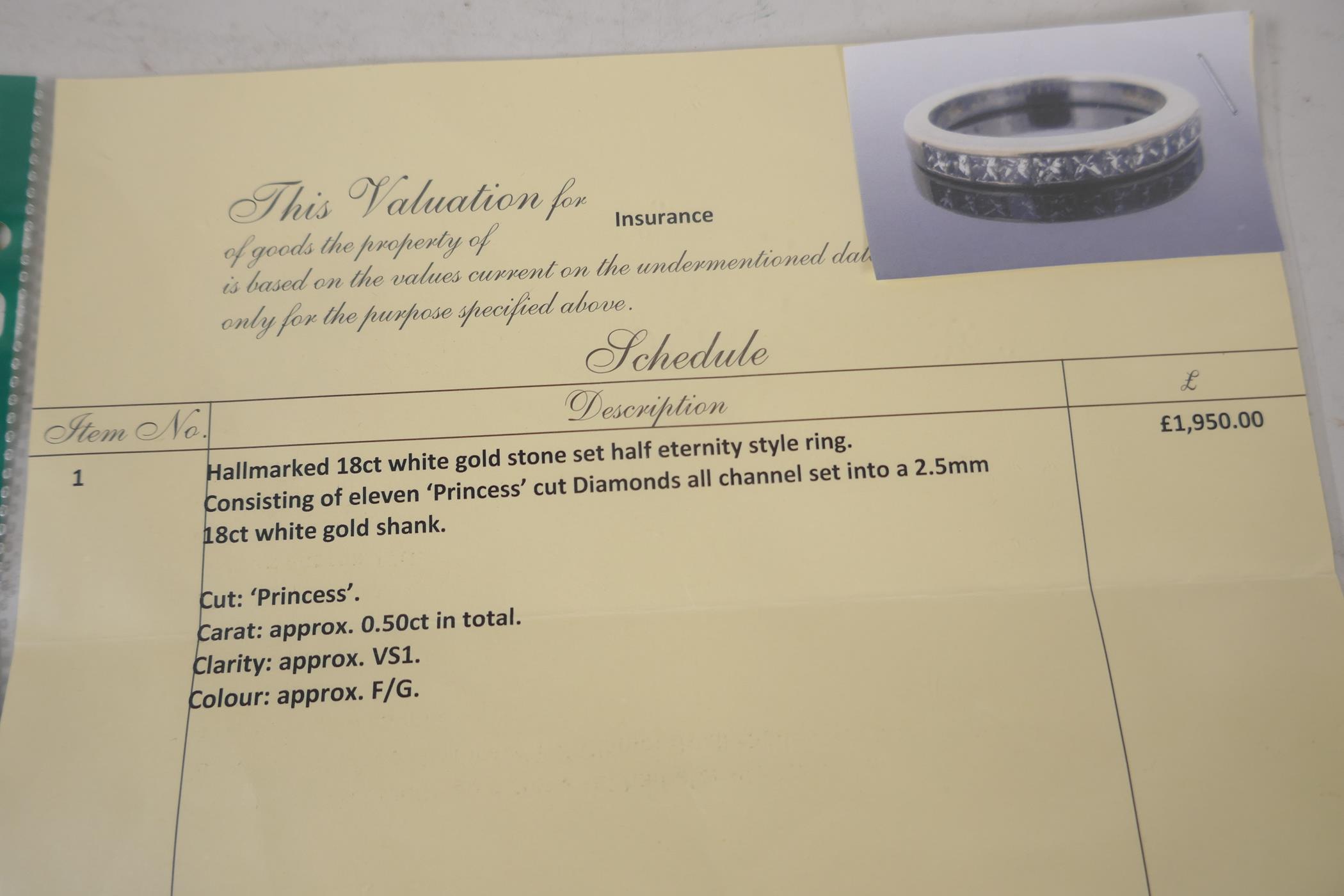 A hallmarked 18ct white gold half eternity ring, set with eleven princess cut diamonds, .5ct - Image 5 of 5