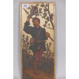 An Arts and Crafts oak panel, gilded and painted with a depiction of a medieval huntsman, 18" x 8"