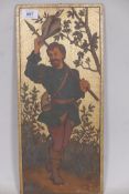 An Arts and Crafts oak panel, gilded and painted with a depiction of a medieval huntsman, 18" x 8"