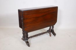 An Edwardian inlaid mahogany Sutherland table, raised on ring turned supports, 30" x 7", 26" high
