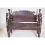 A C19th continental painted pine bench with ring turned supports, adapted, 50" x 19" x 42" high