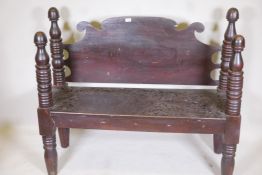 A C19th continental painted pine bench with ring turned supports, adapted, 50" x 19" x 42" high