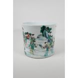 A famille vert porcelain brushpot decorated with women in a garden, Chinese Kangxi character mark to
