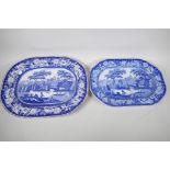 A Staffordshire blue and white transfer printed meat platter decorated with boatmen on a river,