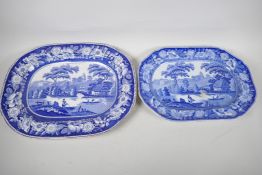 A Staffordshire blue and white transfer printed meat platter decorated with boatmen on a river,