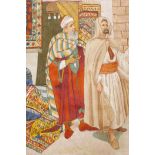 Middle Eastern textile wall hanging depicting a rug seller enticing a customer, 39" x 40"