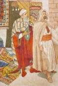 Middle Eastern textile wall hanging depicting a rug seller enticing a customer, 39" x 40"