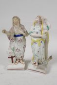 Two late C18th Staffordshire pottery figures, Faith and Hope, 7" high
