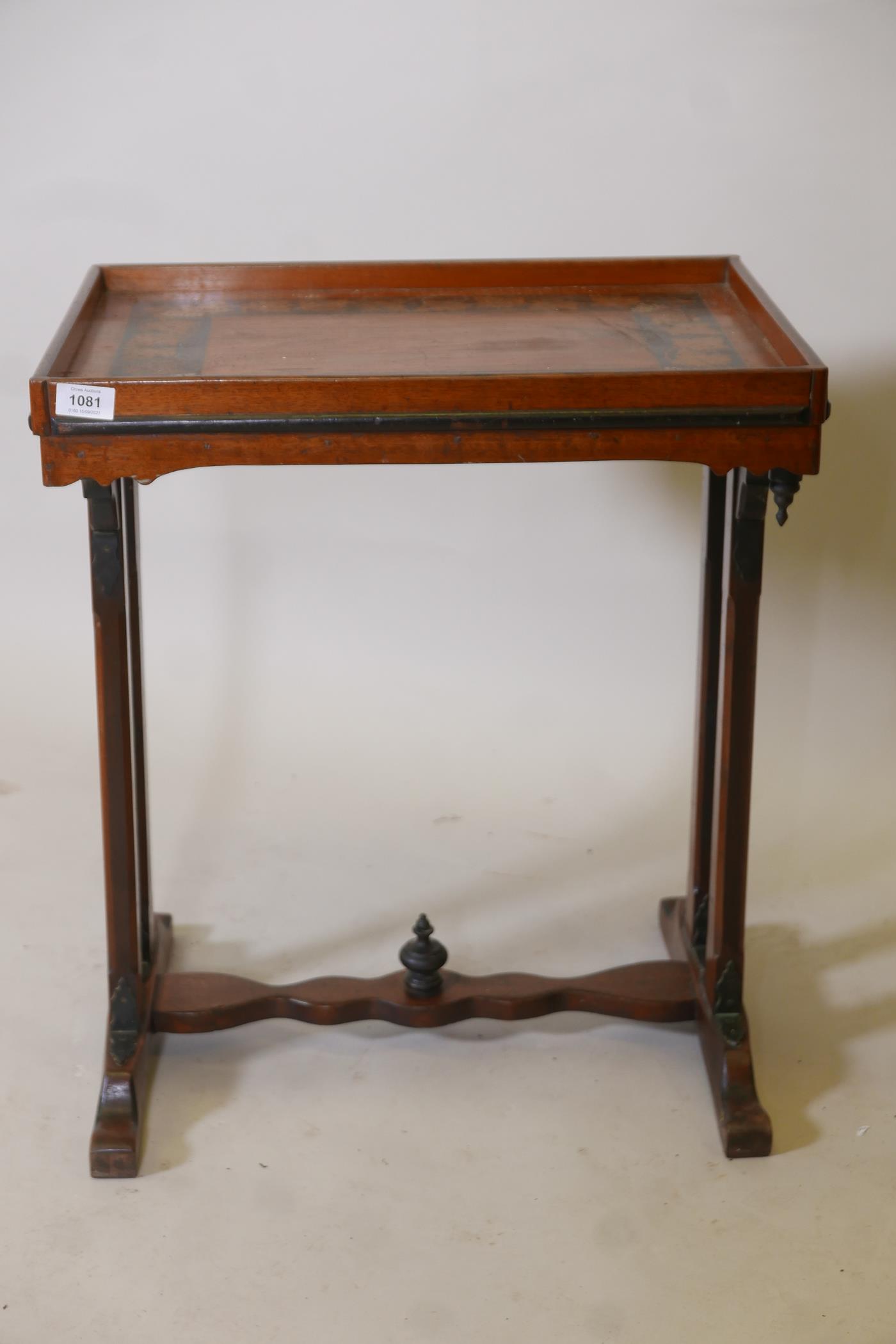 A C19th mahogany side table, with painted and parcel gilt top and shaped frieze, raised on end - Image 2 of 4