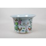 A Chinese famille vert porcelain jardiniere decorated with cockerels in a landscape, 7" high x