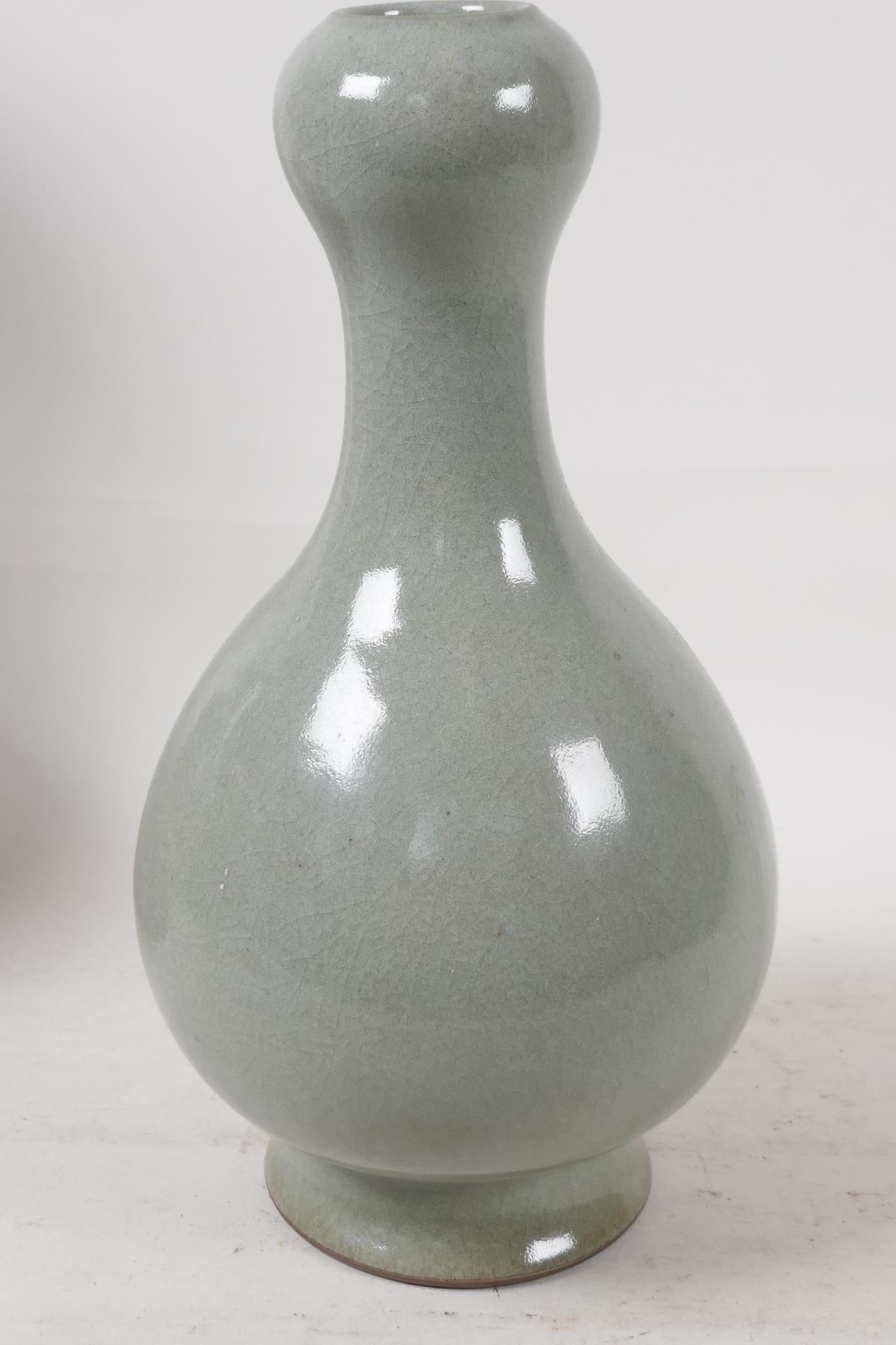 A Chinese Ru ware style celadon crackle glazed garlic head vase, 11" high - Image 2 of 3