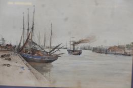 Yarmouth quayside with fishing boats and paddle steamer, unsigned