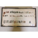 An antique collection of Neolithic flint and obsidian arrowheads, labelled Deer Creek, Salmon River,