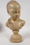 A terracotta bust of a chld, after J.A. Houdon, 13" high