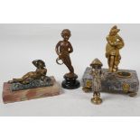 C19th Grand Tour marble inkwell with Grecian water carrier, 5" wide, a reclining nude on a marble