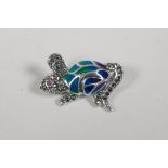 A 925 silver and plique a jour brooch in the form of a mouse, set with marcasite, 1½" long
