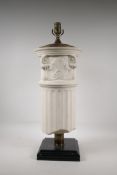 A ceramic and brass mounted table lamp in the form of a Corinthian column capital, 26" high