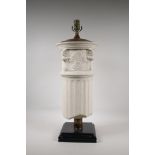 A ceramic and brass mounted table lamp in the form of a Corinthian column capital, 26" high