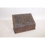 A C19th Anglo Indian wood stationery box with fall front and two doors over a single drawer, well