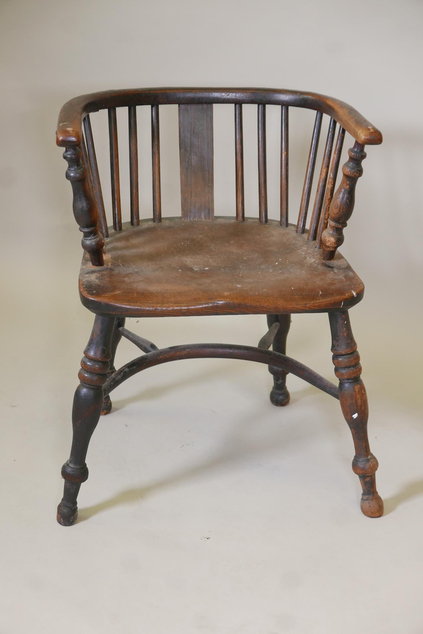 A C19th ash and elm seated bow arm chair, with crinoline stretcher and turned supports (originally a - Image 2 of 4