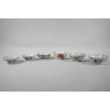 Six assorted Chinese republic period porcelain tea bowls with famille rose and vert enamel