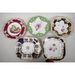 Five decorative C19th English pottery plates with painted decoration, various factories from the