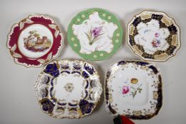 Five decorative C19th English pottery plates with painted decoration, various factories from the