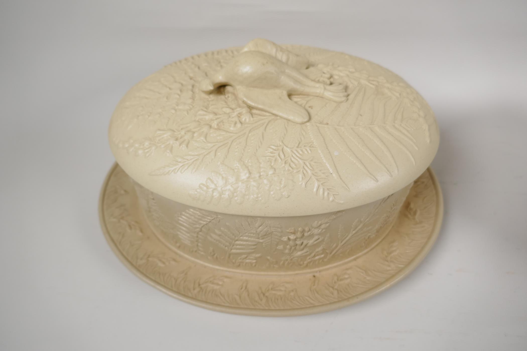 A Wedgwood style stoneware game tureen and cover with raised and applied decoration, A/F, 12" - Image 4 of 5