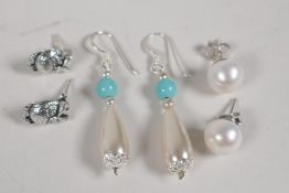 Three pairs of sterling silver drop earrings, 1" drop