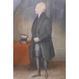 A naive portrait of a gentleman in frock coat with cane and top hat, pastel, monogrammed R.L.,