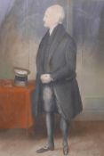 A naive portrait of a gentleman in frock coat with cane and top hat, pastel, monogrammed R.L.,
