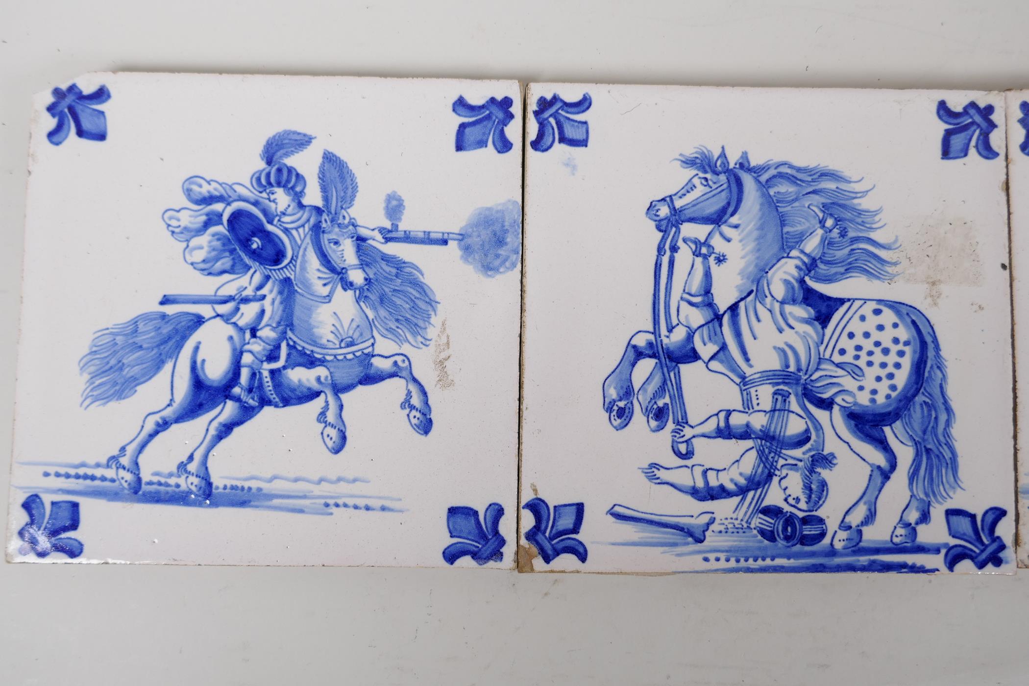 A set of three blue and white Delft style tiles depicting Ottoman warriors on horseback, 6" square - Image 2 of 3