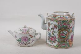 A Cantonese famille rose teapot decorated with figures, birds and flowers, A/F, and a republic