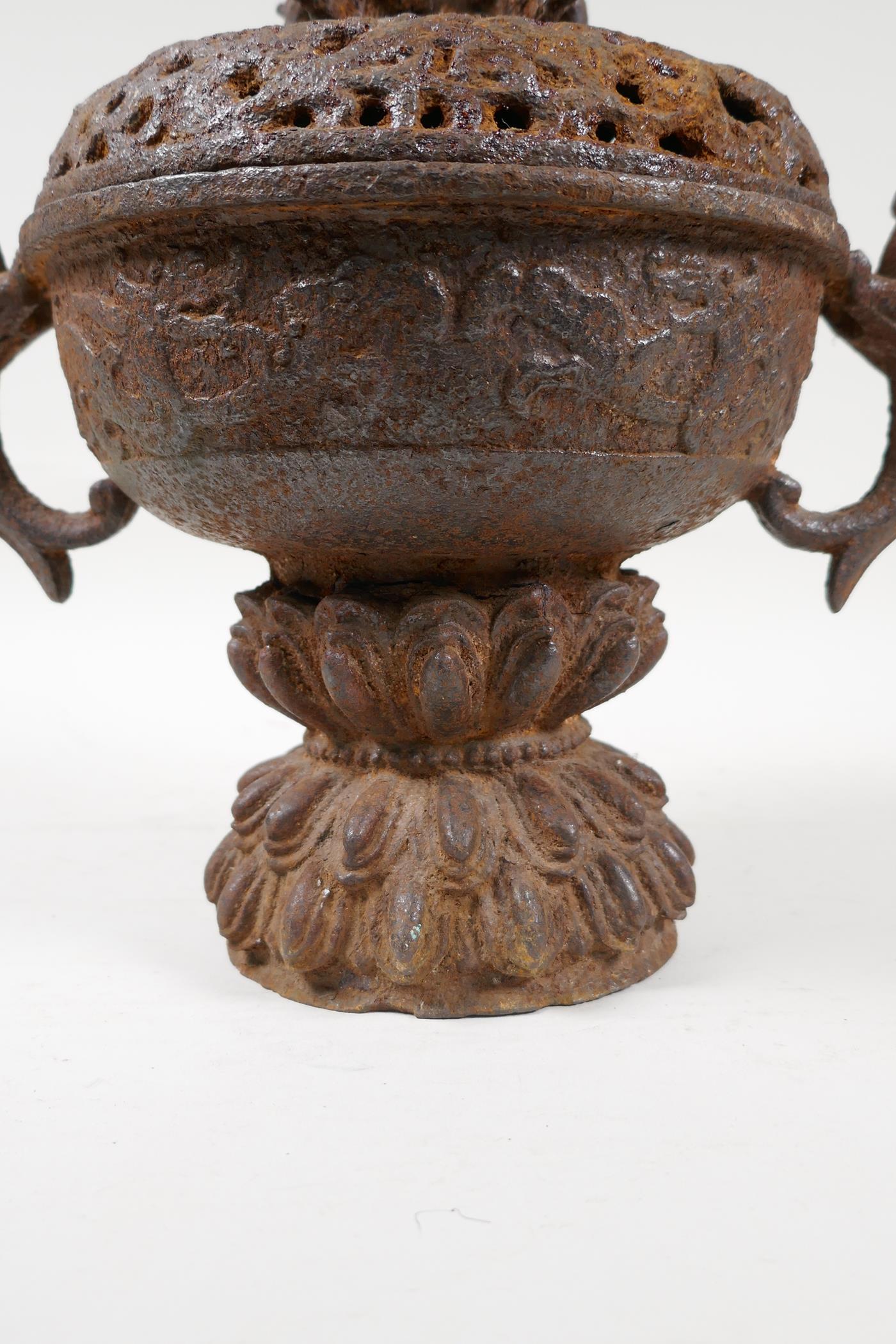 A cast iron censer with two dragon shaped handles, and a pierced cover, Chinese, 9" high - Image 2 of 6