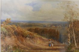 Extensive landscape with figures on a path, signed indistinctly Cath Huggiss ?, C19th watercolour,