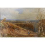 Extensive landscape with figures on a path, signed indistinctly Cath Huggiss ?, C19th watercolour,