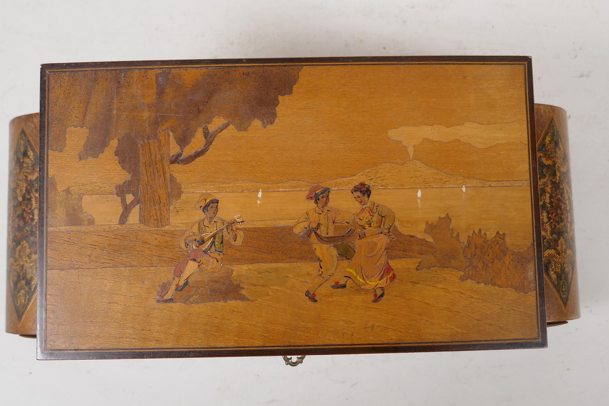 A Sorrento ware musical jewellery box, the marquetry cover decorated with a view across the Bay of - Image 5 of 5